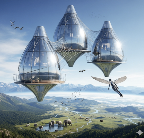 Die Menschen leben in schwebenden Kugeln über der Erde. Die eigentliche Erdoberfläche wird von Tieren und Pflanzen belebt.