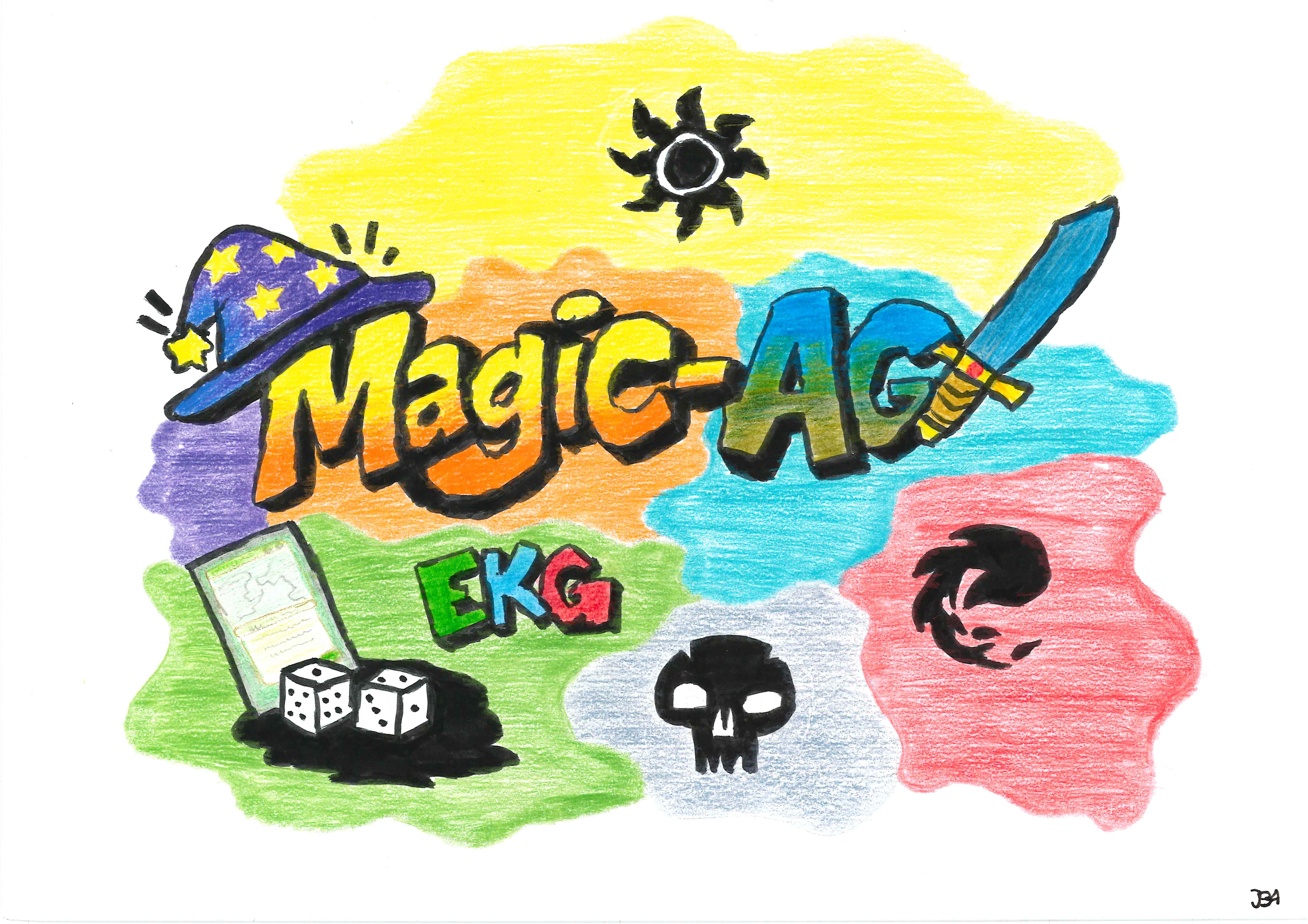 Gemaltes, vielfarbiges Bild mit dem Titel Magic-AG, drei Mana Symbolen, EKG, einem Schwert und einer Magiermütze.