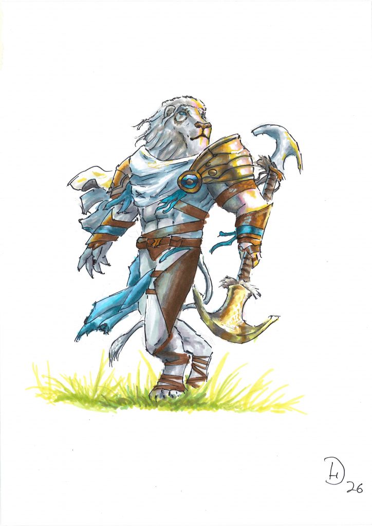 Ein gemaltes Bild einer gepanzerten humanoiden Katze, die auf Gras geht